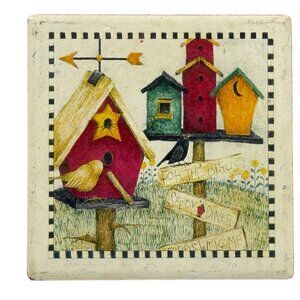 DEBBIE MUMM Set Of 4 Ceramic Coasters With Birdhouse Design & Cork Backing